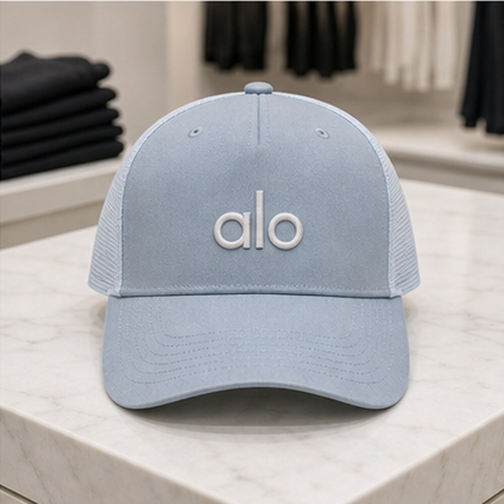ALO Yoga Mist Blue Gray Tennis Mesh Trucker Cap Hat Logo